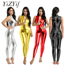 YiZYiF-body Sexy de piel sintética para mujer, ropa de discoteca, Wetlook leotardo, lencería sin mangas con doble cremallera, una pieza 2024 - compra barato