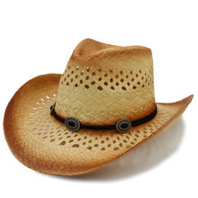 Sombrero de moda para hombre y mujer, Sombrero de Cowboy hecho a mano del oeste con banda de cuero, tejido de caballero para playa, Sombrero de vaquera de talla grande 2024 - compra barato