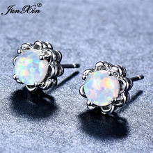 JUNXIN Fashion Female Small Flower Stud Earrings Boho White/Blue/Green Fire Opal Earrings For Women White Gold Filled Jewelry 2024 - buy cheap