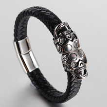 Pulsera de cuero genuino Punk para hombre y mujer, brazalete de doble brazalete de calavera encantador, joyas con cuerdas de cuero tejidas con imán 2024 - compra barato