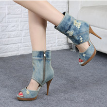Sexy Open Toe Women Autumn Ankle Boots Platform Blue Denim High Heels Ladies Booties Shoes Cowgirls Short Botines Mujer Stiletto 2024 - buy cheap
