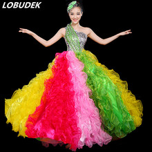 Colorful Crystals Bubble Dress Adult Women Modern Dance Costume Long Dress Celebration Dance Teams Open Dancing Performance Wear 2024 - buy cheap