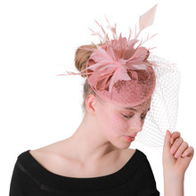 Wedding Peach Fascinators Hats With Face Veils Bridal Headpieces Ladies Fancy Races Feather Flower Party Imitation Sinamay Hat 2024 - buy cheap