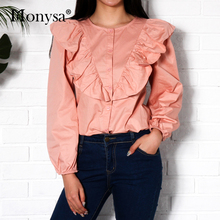 Blusa informal de manga larga con volantes para otoño, camisa lateral con cuello redondo para mujer, color blanco y rosa, 2018 2024 - compra barato