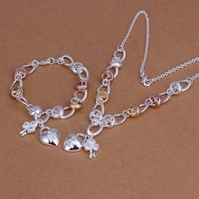 Conjuntos de joias banhados a prata, fecho de coração e chave de flor/ixurndrw bracelet233 pescoço lace212 2024 - compre barato