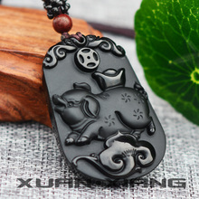 2018 Zodiac Pendant Necklace Natural Obsidian Carved Zodiac Pig Lucky Coin Pig Amulet Gift for Men's Women Fashion Jewelry 2024 - buy cheap