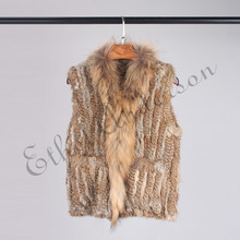 ETHEL ANDERSON Knitted Rabbit Fur Gilet Vest Chic Raccoon Fur Collar Waistcoat Pockets Ladies Brand New Jacket Overcoat 2024 - buy cheap