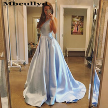 Mbcullyd Light Blue A Line Prom Dresses With Pocket 2020 Sexy V Neck Sleeveless Draped Formal Evening Gala Gowns Cheap Plus Size 2024 - buy cheap