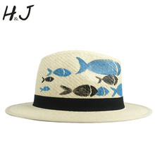 Sombrero de sol con pintura a mano para mujer, sombrero de paja para playa, elegante, Jazz, con peces pintados a mano 2024 - compra barato