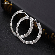 BLIJERY 2 Rows Rhinestone Crystal Big Circle Earrings Silver Color Round Hoop Earrings for Women Bride Wedding Jewelry Size 50mm 2024 - buy cheap