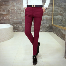 2020 Men's Casual Trousers, Fashion High-quality Brand Solid Color Wedding Suit Pants ,Business Men's Pants Wine Red Feet Pants 2024 - buy cheap