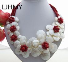 LJHMY 18" White Shell Flower Coral Red Crystal Statement Necklace Women Wedding Party Necklace Gift 2024 - buy cheap