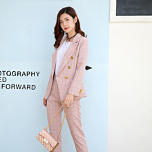 Fashion Women's Sets Color Block Plaid Blazers Jackets + Slim Ultra Long Pants Pink Feminine Pants Suits 2024 - buy cheap