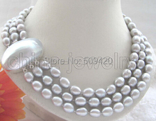 W&O667 >>3row 17-19"10-12mm gray baroque freshwater pearl necklace - 925 gray shell clasp 2024 - buy cheap