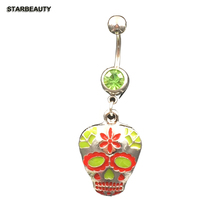 Starbeauty-Anillo de cristal verde para el Ombligo, Piercing del vientre con forma de calavera de loto, 16G, joyería 2023 - compra barato
