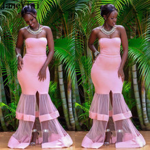 JaneVini African Pink Mermaid Prom Dress for Black Girls 2019 See Through Tulle Women Long Evening Gowns Zipper Back Party Wear 2024 - buy cheap