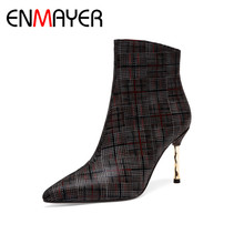 Enmayer botas femininas de salto alto, novo, inverno, bico encaixável, sapatos de couro legítimo, feminino, festa de inverno, capinação, cy071 2024 - compre barato