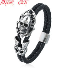 Pulseiras de caveira de aço inoxidável, corda de couro genuíno, pulseiras masculinas 2024 - compre barato