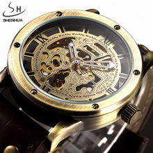 Shenhua relógio mecânico automático de bronze, relógio masculino oco com pulseira de couro, relógio de pulso masculino 2024 - compre barato