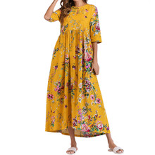 Summer Spring Women Half Sleeve Ruched Casual Floral Print Cotton Loose Bohemian Long Dress Kaftan Hot Sale O-neck Maxi Dresses 2024 - buy cheap
