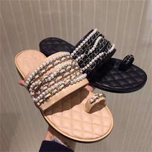 Newest Pearls Metal Chain Slipper Open Toe Summer Slippers Rhombus Leather Outside Slip On Soft Flat Slides Beach Shoes 2024 - buy cheap