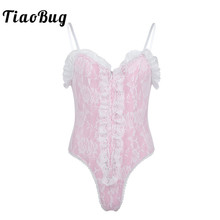 Homens Hot Sexy Bodysuit Masculino Sissy TiaoBug Lingerie Vestido Rosa Ajustável Cintas de Espaguete Alta Corte Plissado Lace Peluches Nightwear 2024 - compre barato