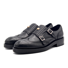 Sapato masculino feito à mão rebites pretos fivela do monge bordado sapatos sociais de couro 2024 - compre barato