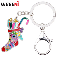 WEVENI Enamel Alloy Christmas Socks Gift Box Key Chain Keychain Ring Pendant Navidad Jewelry For Women Girls Teens Gift Party 2024 - buy cheap
