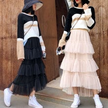 2019 Summer Casual Mesh Skirts Women High Waist Ruffled Vintage Tiered Tulle Pleated Long Skirts 2024 - buy cheap