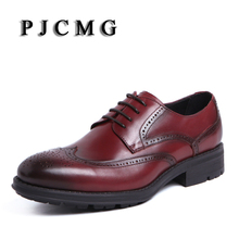 PJCMG Fashion Spring/Autumn Pointed Toe Black/Red Lace-Up Flats Round Toe Genuine Leather Oxfords Men Dress Wedding Shoes 2024 - buy cheap