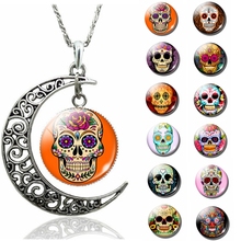 Sugar Skull Day of The Dead Crescent Moon Necklace Pendant Glass Cabochons Jewelry DIY Handmade Women Happy Halloween Gift 2024 - buy cheap