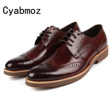 Vintage Man Carved Dress Shoes Genuine Leather Cow Leather Breathable Brogue Oxfords Business Formal Men's Wing Tip Flats 2024 - buy cheap