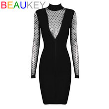 BEAUKEY-vestido negro de rayón y manga larga con cuello alto, vestido Bandage transparente, Sexy, a la moda, para fiesta y Club de celebridades 2024 - compra barato