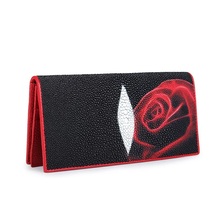 Fashion Designer Genuine Stingray Skin Red Rose Flower Lady Long Bifold Wallet Clutch Purse Exotic Leather Card Wallet For Women 2024 - buy cheap