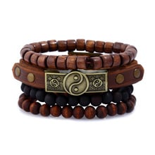 4 pçs/set Boho Vintage Dark Brown Copper Taoísmo fitnessTag Saúde Charme Contas de Madeira Camadas de Couro Pulseira Pulseiras Jóias Homem 2024 - compre barato