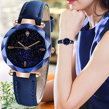 Relojes de lujo con diamantes dorados para mujer, reloj de pulsera de cuarzo con cielo estrellado, de cuero azul, femenino 2024 - compra barato