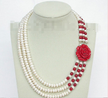 wholesale 8mm 3row round white freshwater pearls red coral necklace j884 Bridal Jewelry Crystal WomenFactory direct sale 2024 - buy cheap