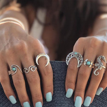 Conjunto de anéis de juntas femininos com 6 velocidades, cavalo e lua, vazado, flor crescente, anéis de dedo médio, joias cor de prata antiga 2024 - compre barato
