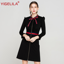 YIGELILA Fashion Women Black Sheath Dress Autumn Elegant Bow O-neck Full Sleeve Zipper Knee Length Empire Slim Party Dress 64115 2024 - buy cheap