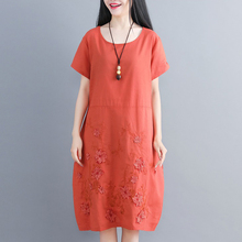 Embroidered Cotton Linen Women Dress New Vintage Loose Large Size Summer Dress Short Sleeve Comfortable midi Dress Female 2024 - buy cheap