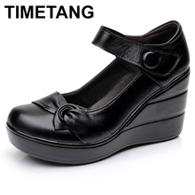 TIMETANG   2018 spring autumn genuine leather women's fashion high heels pumps wedges black color female platform shoes 2024 - buy cheap