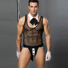 Men's Sexy Lingerie Fishnet Bowknot Waiter Costume Tuxedo Servant Waiter Outfit Costume Clubwear Sexy Mesh Top+Collar+G-string 2024 - buy cheap