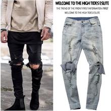 Узкие потертые зауженные рваные джинсы для мужчин, мужские дизайнерские брюки известного бренда в стиле хип-хоп, черные джинсовые брюки с дырками Kanye West 2024 - купить недорого