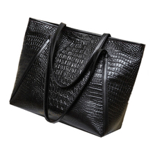 LJL New fashion casual glossy alligator totes large capacity ladies simple shopping handbag PU leather shoulder bags(Black) 2024 - buy cheap