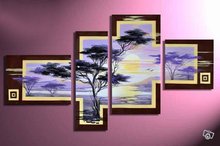Pintado a mano de la lona imagen bosque púrpura hill amanecer casa decoración abstracto pintura al óleo de paisaje en lona 4 unids/set 2024 - compra barato