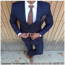 Новое поступление, двубортные темно-синие смокинги для жениха, мужские свадебные костюмы, блейзеры (пиджак + брюки + галстук) W: 568 2024 - купить недорого