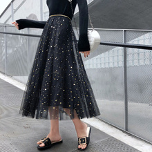 TingYiLi-falda de tul con estrellas para mujer, falda larga elegante coreana, en negro, blanco, Beige y rosa 2024 - compra barato