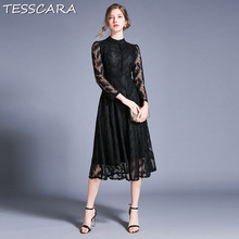 Tesscara mulheres outono elegante vestido de renda camisa festa feminino alta qualidade escritório festa robe femme designer longo vestidos casuais 2024 - compre barato