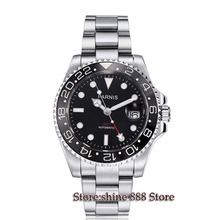 40mm PARNIS black dial Sapphire glass black bezel GMT automatic mens watch P3 2024 - buy cheap