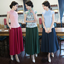 Novidade 2 peças roupas chinesas antigas, comprimento longo cheongsam tops + saia feminina vestido tradicional chinês ch-pao fantasia 89 2024 - compre barato
